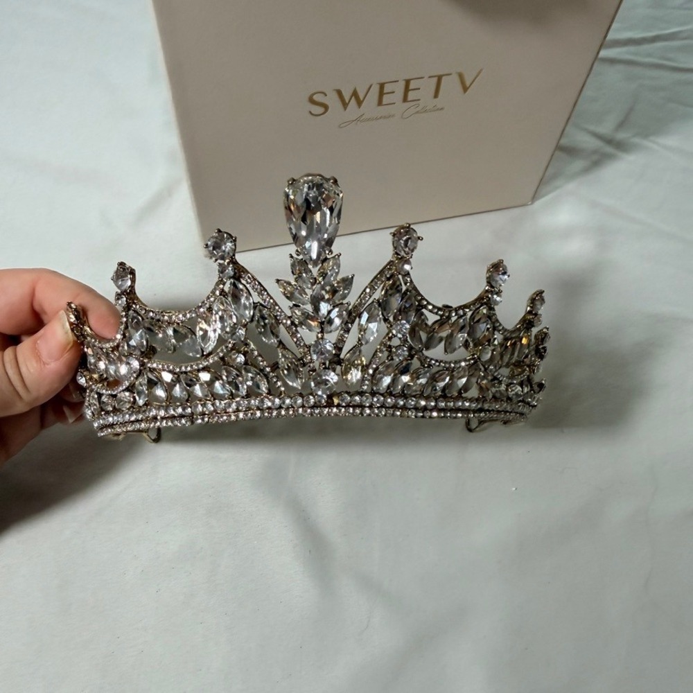 Sweetv Jeweled Tiara Gold Crystal Pageant Prom Crown HG21009CP54 In Box
